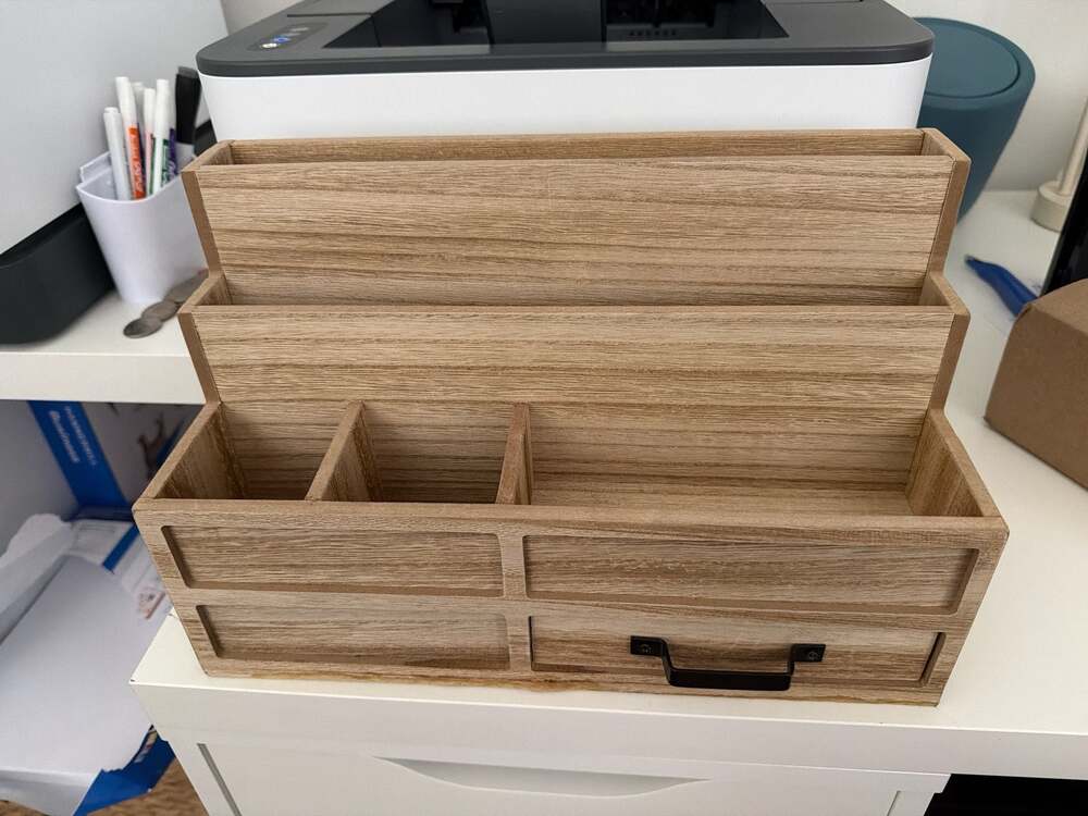 Natural Wood Mail Organizer with Pen Holder and Drawer